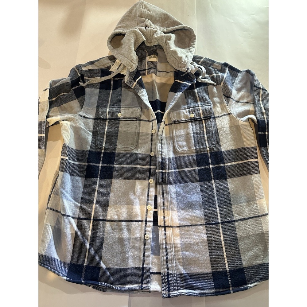 American Eagle Men's L Hooded Plaid Flannel Button-Up Shirt Blue Gray White